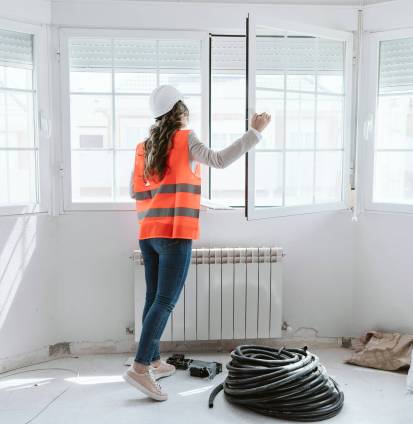 inspector or architect professional woman checking windows at construction site. Home improvement